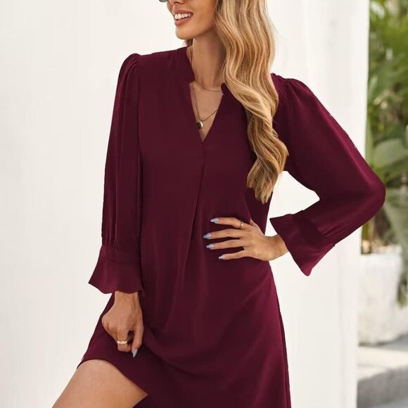 Womens Dresses Summer Casual Dress Long Sleeve V Neck Dress Shift Dress for Wome - Picture 5 of 5